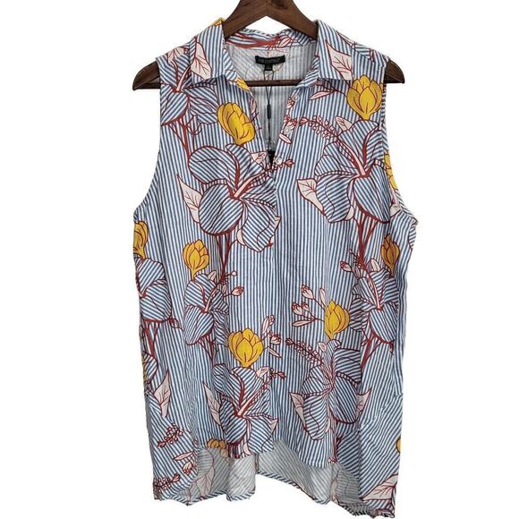 FOR CYNTHIA Linen Blend Striped Floral Sleeveless Top Size Large - Picture 1 of 6